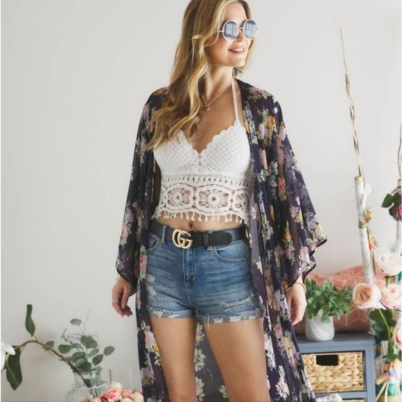 Lurex Navy Floral Coverup S M L - Picture 1 of 5
